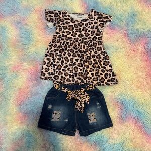 Leopard Print Blouse and Denim Shorts Set